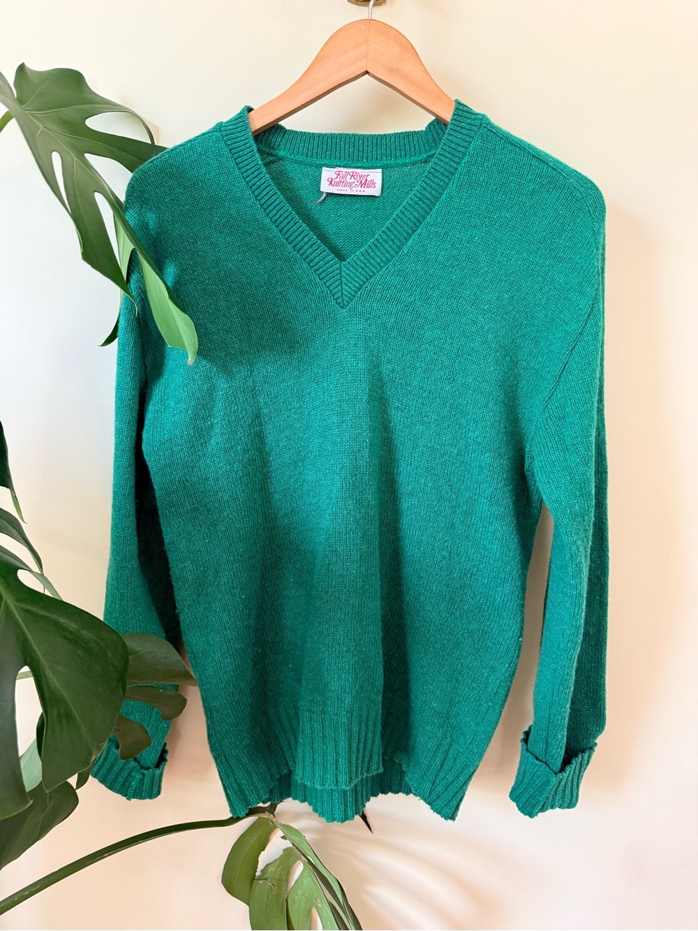 Fall River Knotting Mills Vintage Green V-Neck Sweater Made in USA - Women’s S
